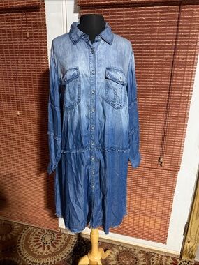 Indigo Blue Washed Denim Midi Shirt Dress - Blue